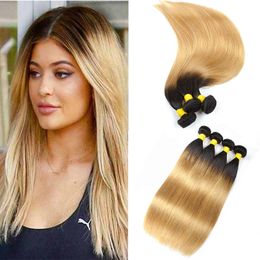 T1B/27 Dark Blonde 3/4 Bundles Ombre Coloured Brazilian Hair Weave Wefts Straight Human Hair Weaves Non Remy Human Hair Vendors