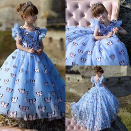 Charming Butterfly Girls Pageant Gowns Light Sky Blue Princess High Low Flower Girl Dress For Wedding Custom Made Baby Birthday Party Dress