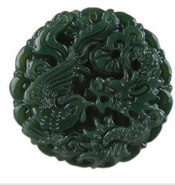 natural carved round Dragon and phoenix HETIAN jade pendant China QINGYU green necklace pendants