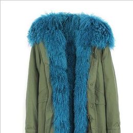 Jazzevar blue Mongolia sheep fur liner Camouflage shell canvas mini jackets snow winter short parka with fur trim hoody