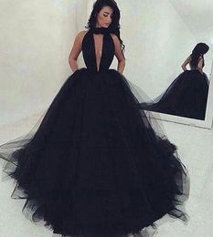 Arabic New Sexy Black Prom Dresses Jewel Deep V Neck Tiered Tulle Backless Floor Length Long Formal Party Evening Dress Wear Custom