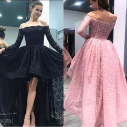 Long Sleeves Off the Shoulder High Low Prom Dresses Vintage Lace Pink Black Short Front Long Back Illusion Evening Party Gowns High Quality