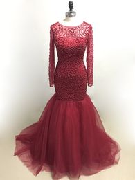 Dark Red Pearls Mermaid Prom Dresses Evening Formal Gowns With Long Sleeves Ruffles Organza Hollow Back jewel Neck Real Photo High Quality