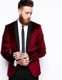 High Quality Burgundy Velvet Men Wedding Tuxedos Groom Tuxedos Black Shawl Lapel Centre Vent Men Blazer Prom/Dinner Suit(Jacket+Pants+Tie)76