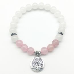 SN1307 Fashion Women`s Bracelet White Jade Beads Bracelet Rose Quartz with Tree of Life Charm Jewellery Best Gift for Her