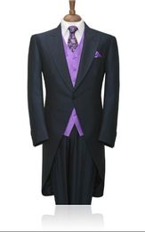 Customise Dark Grey Tailcoat Groom Tuxedos Morning Style Men Wedding Wear Excellent Men Formal Prom Party Suit(Jacket+Pants+Tie+Vest) 946