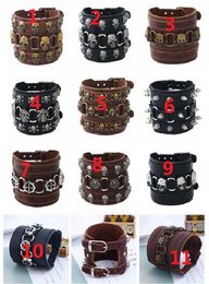 Man alloy Genuine leather Bracelet Cross rivet Skull Bracelet Punk Exaggeration Wide leather brown black 11 style Choice