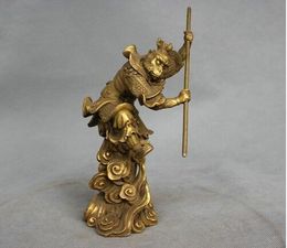 6 inches China Myth Brass Sun Wukong Monkey King Hold Stick Fight Statue