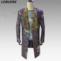 High-end Male Colorful Reflector Sequins Blazers Coat Nightclub Men Singer Costume Shining Sequins Slim Jacket Bar Host Party Stage Outfit