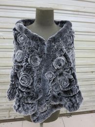 Real Rex Rabbit Fur Knitted Semicircle Rose Poncho/Wrap/ Shawl/cape/2Colors