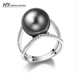 Classic Big Gray Pearl Ring For Women White gold-color Cubic Zirconia Engagement Wedding Rings Fashion Jewelry Anillos Mujer