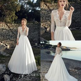 elegant 3 4 long sleeve a line satin wedding dresses latest wedding dress lace appliqued vestido de noiva plus size bridal gowns