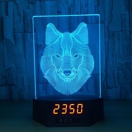 Wolf Clock 3D Illusion Night Lights LED 7 Color Change Desk Lamp Home Decor #R87