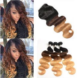 Peruvian Ombre Body Wave Virgin Hair Weave With Closure Colored Blonde Lace Closure With Bundles 1b/4/27# Human Hair Extensions
