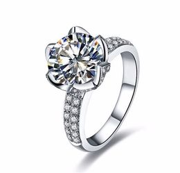 Real Solid 925 Sterling Silver Wedding Rings For Women Romantic Flower Shaped Inlay 3 Carat Diamond Engagement Ring