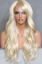 Long Wavy Full Wig Layered w Bangs Off center Skin Part Pale Blonde HSJO 613 NWT