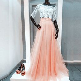 New Arrival Two Colours Prom Dresses Two-piece Evening Gowns Sheer See Through Lace Appliques Crop Top Half Sleeves Blush Pink Tulle