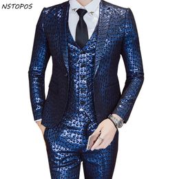 Luxury Baroque Suit Gold Blue Tuxedo Jacket vest pant Smoking Homme Costume Mariage Homme Party Wedding Stage Clothing 3XL260m