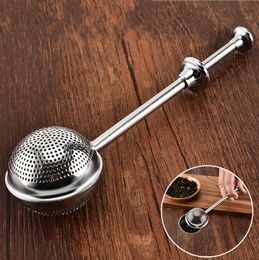 Stainless Steel Tea Strainer Convenient Ball Shaped Push Style Tea Infuser Teaspoon Mesh Herb Strainer Free Shipping