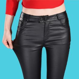 New summer autumn women ladies black faux PU Leather Pants Women female high waist elastic stretch Slim pencil trousers