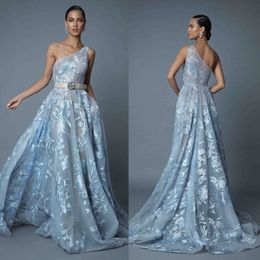 One Shoulder Berta Prom Dresses Light Blue Lace Appliqued A Line Formal Evening Gowns Sweep Train Design Pageant Red Carpet Dress