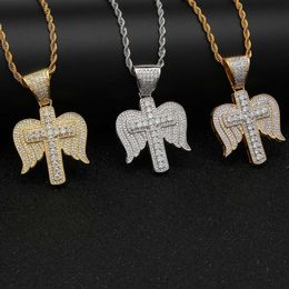 18K Yellow White Gold Full CZ Cross Angle Wings Pendant Necklaces for Men Women Hot Hip Hop DJ Necklace Jewellery Gift