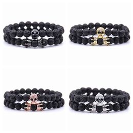 10pc/set Lava stone skeleton bracelet beads bracelet for men women with cubic zircon double crown natural stone handmade jewelry