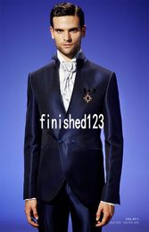 Latest Design Double Breasted Navy Blue Wedding Groom Tuxedos Stand Collar Groomsmen Mens Dinner Blazer Suits (Jacket+Pants+Tie) NO:1628