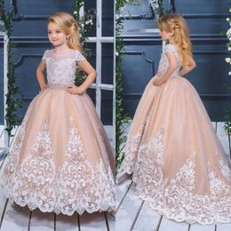 pretty ball gown flower girls dresses for weddings lace appliqued puffy skirts communion dress short sleeve little kids birthday gowns