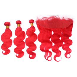 Brazilian Red Human Hair Weaves with Lace Frontal Body Wave Colored Red Virgin Hair Wefts 3 Bundles with 13x4 Full Lace Frontal Closure