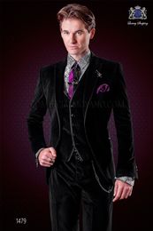 New Design Black Velvet Groom Tuxedos Groomsmen Blazer Excellent Men Business Formal Prom Party Suit(Jacket+Pants+Tie+Vest) NO;935