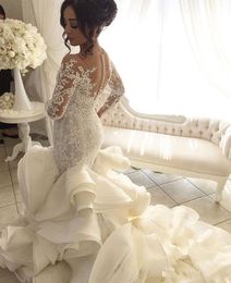 Dresses V Mermaid Lace Applique Sheer Neck Organza Long Sleeves Button Back Court Train Wedding Gowns Bridal Dress