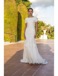 New Lace Trimpet Modest Wedding Dresses With Short SLeeves Boat Neck Boho Modest LDS Wedding Dress With Sash