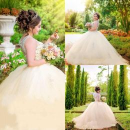 Gorgeous Champagne Princess Quinceanera Dresses Ball Gown Sheer Neck Major Beaded Custom Made Prom Gowns 15 Year Wear