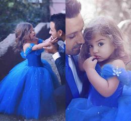 Princess Royal Blue Girls Dresses Toddler Applique Off Shoulder Tiered Tulle Pleats Pageant Dress For Little Kids