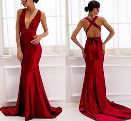Sexy Dark Red Mermaid Evening Dresses Deep V Neck Criss Cross Back Satin Long Prom Dresses Sexy Backless Evening Party Dresses