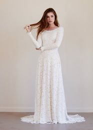 Vintage Lace A-line Modest Boho Wedding Dresses With Long Sleeves Jewel Neck Low Back Country Rustic Wedding Gowns
