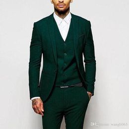 Newest Groomsmen Peak Lapel Groom Tuxedos Dark Green Men Suits Wedding/Prom Best Man Blazer ( Jacket+Pants+Vest+Tie ) A147