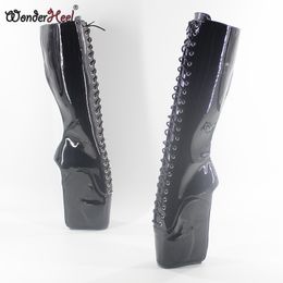 Wonderheel новые балетные сапоги Laceup 7 " каблук со странным каблуком лакированная кожа мода sexy фетиш колено высокие балетные сапоги