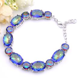 Luckyshine 2 Pcs/Lot Trendy Oval Colored Blue Topaz Cubic Zirconia Gems 925 Sterling Silver Women Bangles Bracelet Jewelry