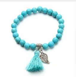 New 20pcs/lot Natural Stone Turquoises Beads Leaf Tassel Charm Bracelet for Men Women Elastic Bracelets 20cm