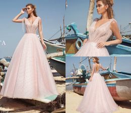 2019 A Line Boho Bohemian Wedding V Neck Pearls Pink Tulle Sexy Backless Sweep Train Boho Wedding Gowns Custom Made Cheap Bridal Dress