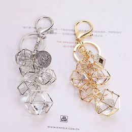 Cube Metal Crystal Perfume Keychain For Women Pearl Pendant Car Ornaments Creative Gift Bag Charm Key Chain Holder Key Ring