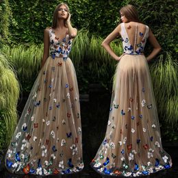 Fairy Embroidery Butterflies Prom Dresses Sexy See Through Champagne Celebrity Party Dress New Arrival Sheer Back Appliqued Evening Dresses