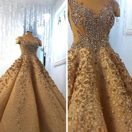 Gorgeous Dubai Formal Evening Gown 3D Flowers Crystal Beaded V-Neck Ball Gown Celebrity Dress Charming Sequined Prom Gown Red Carpet Dress