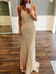 Gold Sparkle Mermaid Evening Dresses Spaghetti Straps Formal Prom Gowns Long Beading Party Dress Custom Made