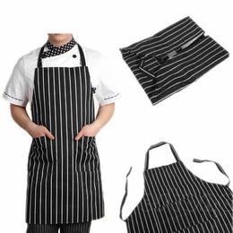 Adjustable Black Stripe Bib Apron with 2 Pockets Chef Waiter Kitchen Cook Tool