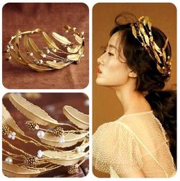 Retro Baroque crown bridal headwear hoop hair ornament, golden leaf girl dress, photo studio accessories