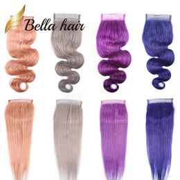 Colorful Lace Closure Human Hair 4x4 Pink Blue Purple Grey Red Blonde Colors Body Wave Straight Hair 11A Quality Closures