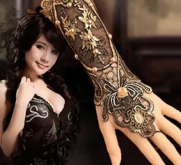 hot new European and American exaggerated vintage hand decoration golden flower edge lace set with pearl glove chain fashion classic delicat